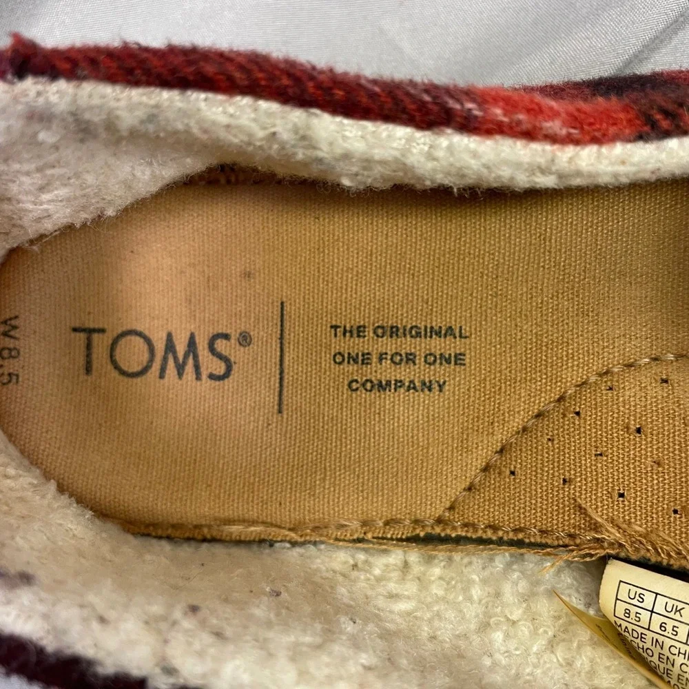 TOMS Womens Alpargata Red Plaid‎ Wool Faux Shearling Lined Slip On Shoes 8.5